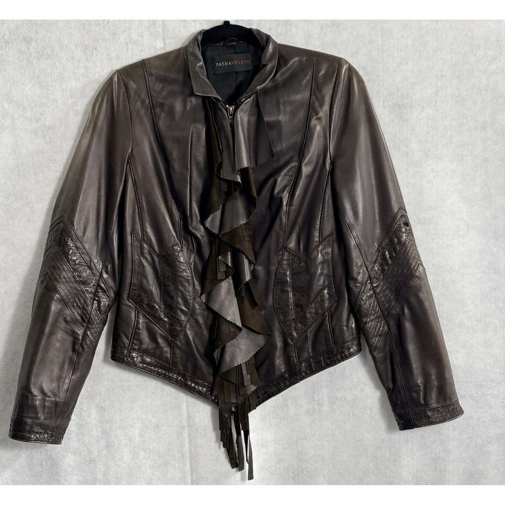 PASHA VENETO Women Soft Leather Fringe Asymmetric Hem Moto Coat‎ Sz M Brown